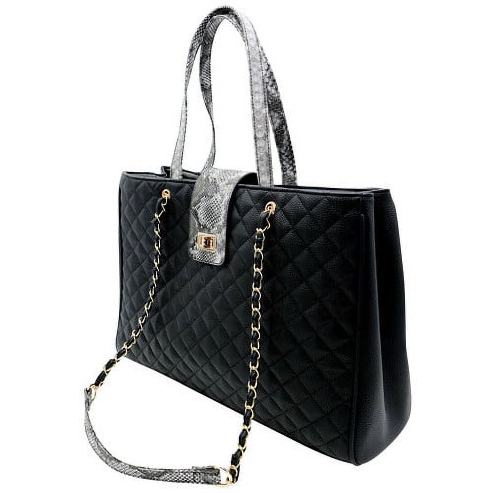 Bhumane Laptop Tote Shoulder Bags (up to 15.6 inch) Water Resistant Quilted Handbag Large Capacity with Padded Compartment Business Work Office Compatible with MacBook & Notebook (Black w gray snake)