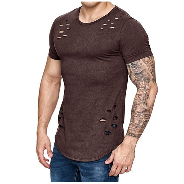 Blusa cómoda de manga corta para hombre con agujeros en la moda de verano Pompotops oipoqjl32611