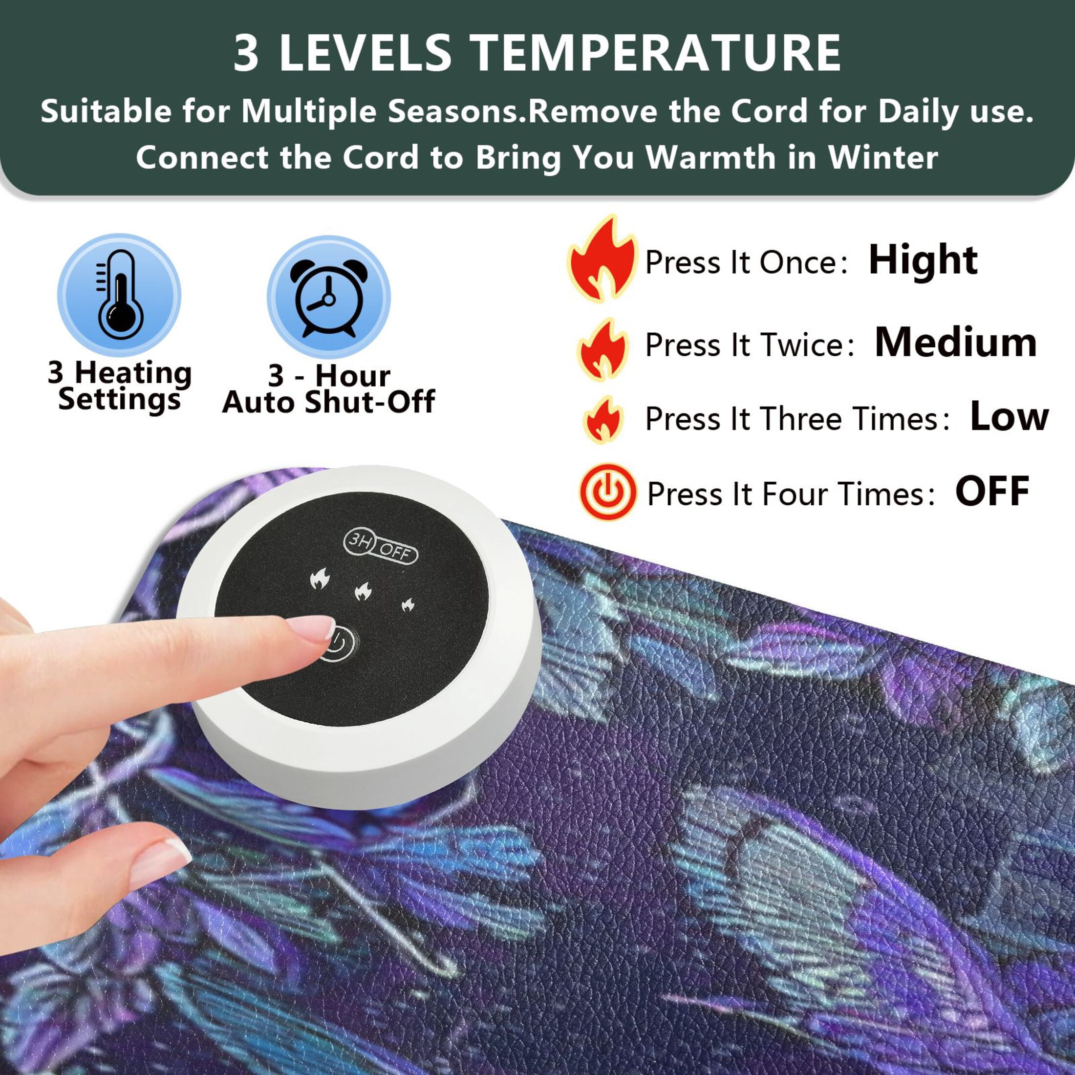 Large Heated Desk Mat Mouse Pad 31.5"x13"PU Leather Graphene Heating Desk Warmer with 3 Temperature Settings 110V US Plug Non-Slip Warm Pad for Home, Office, and Gaming Midnight Skull Butterfly Bloom