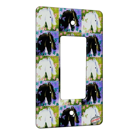 KuzmarK™ 1 Gang Rocker Wall Plate - Blue Eyed Unicorn with Pink Roses Pattern Art by Denise Every