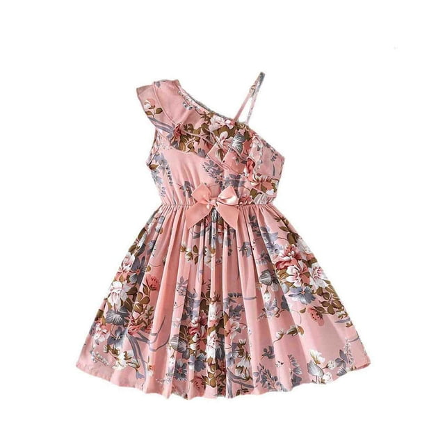 Robes Décontractées pour Filles Juniors Été Floral Élégant une Épaule Bretelles Spaghetti Robe Mode Urbaine, Rouge, 7-8 Ans