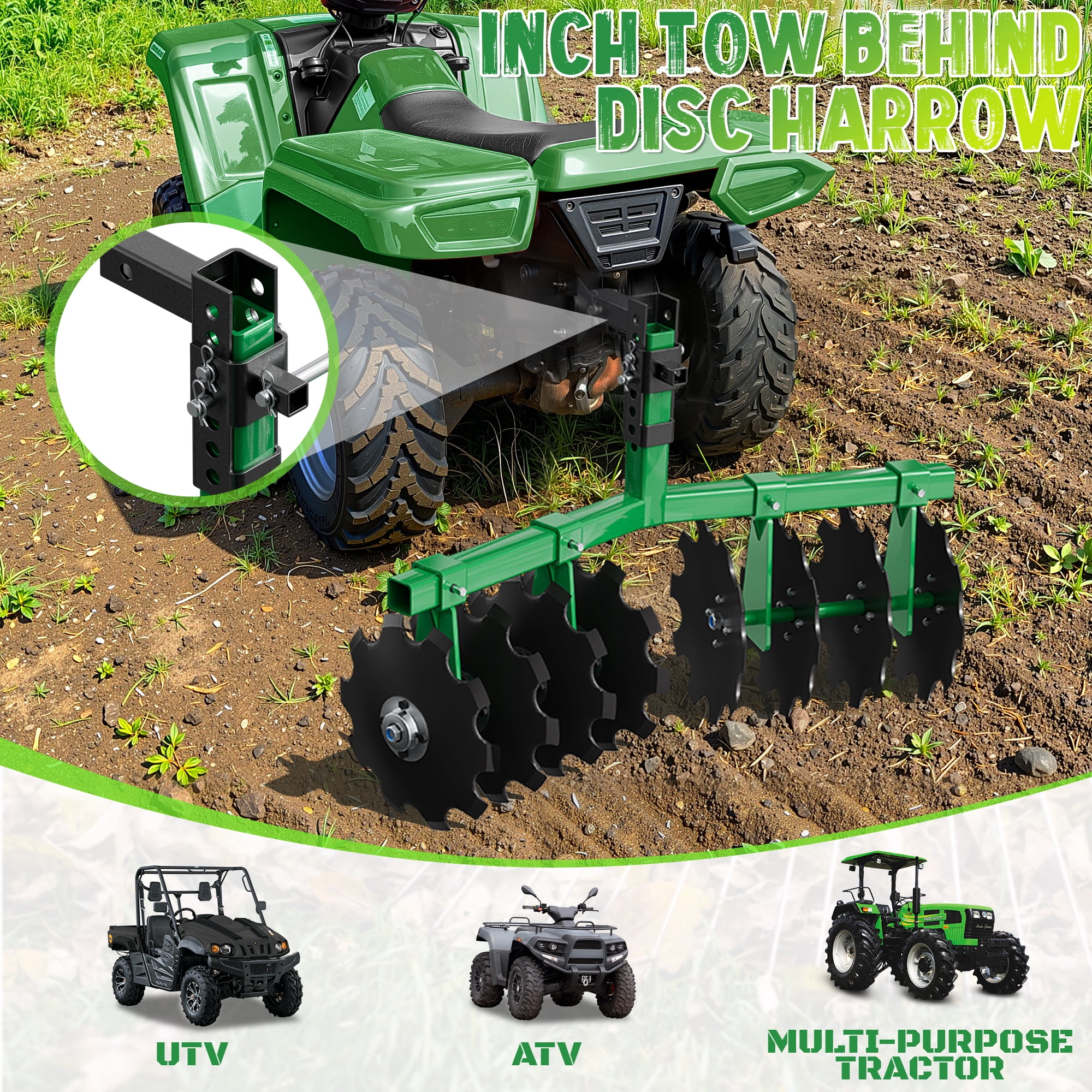 32" Tow-Behind Disc Harrow Plow for ATV/UTV/Garden Tractors, 2" Receiver Hitch, Adjustable Height Soil Tiller with 12" Steel Discs, Green