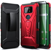 Cricket Ovation 2 / AT&T Maestro Max (2021) Phone Case with Tempered Glass Screen Protector (Full Coverage), Nagebee Belt Clip Holster with Kickstand, Heavy Duty Shockproof Armor Rugged Case (Red)