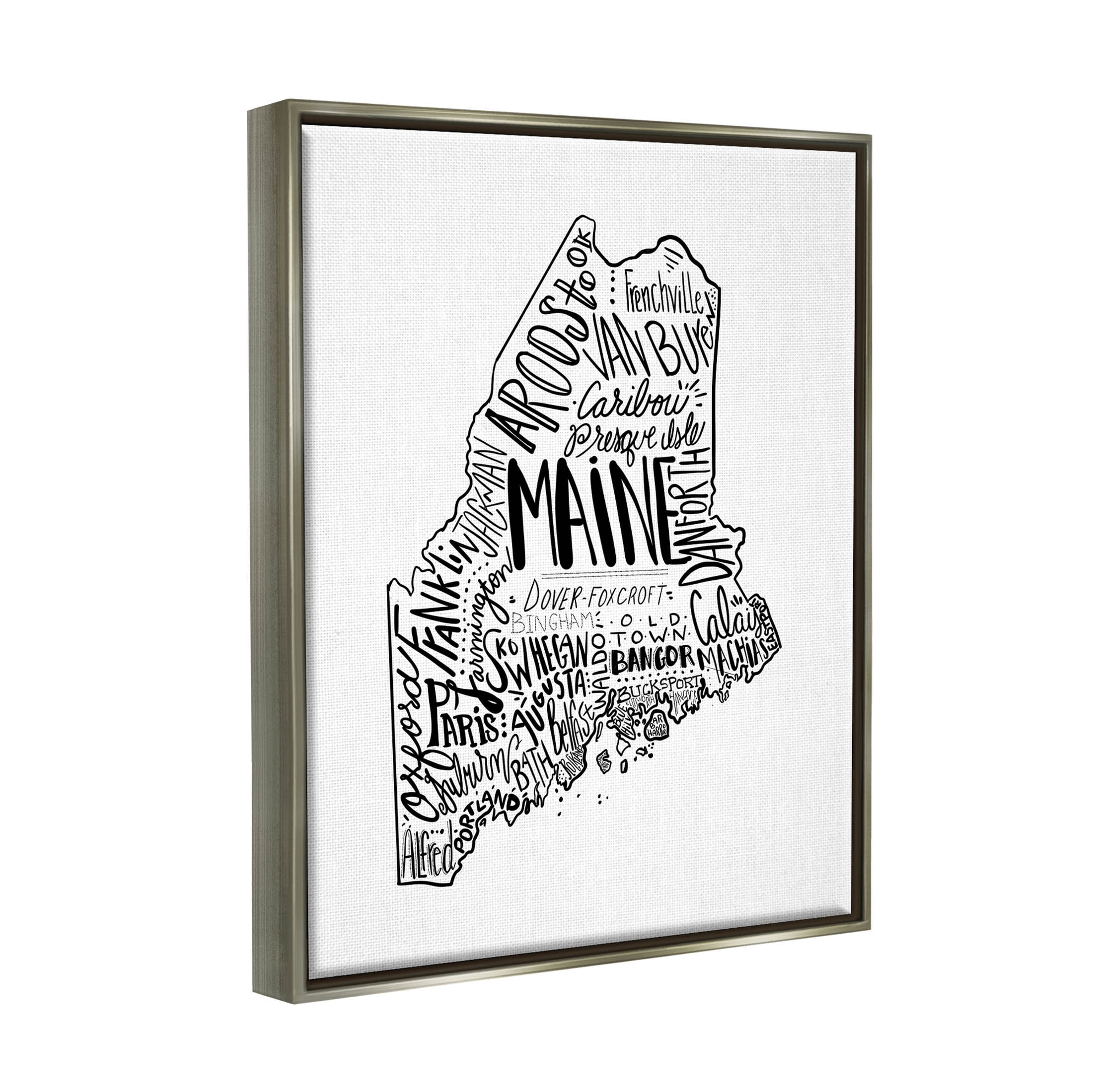 Stupell Industries Maine State Shape US Cities Typography Graphic Art Luster Gray Floating Framed Canvas Print Wall Art, Design by The Saturday Evening Post