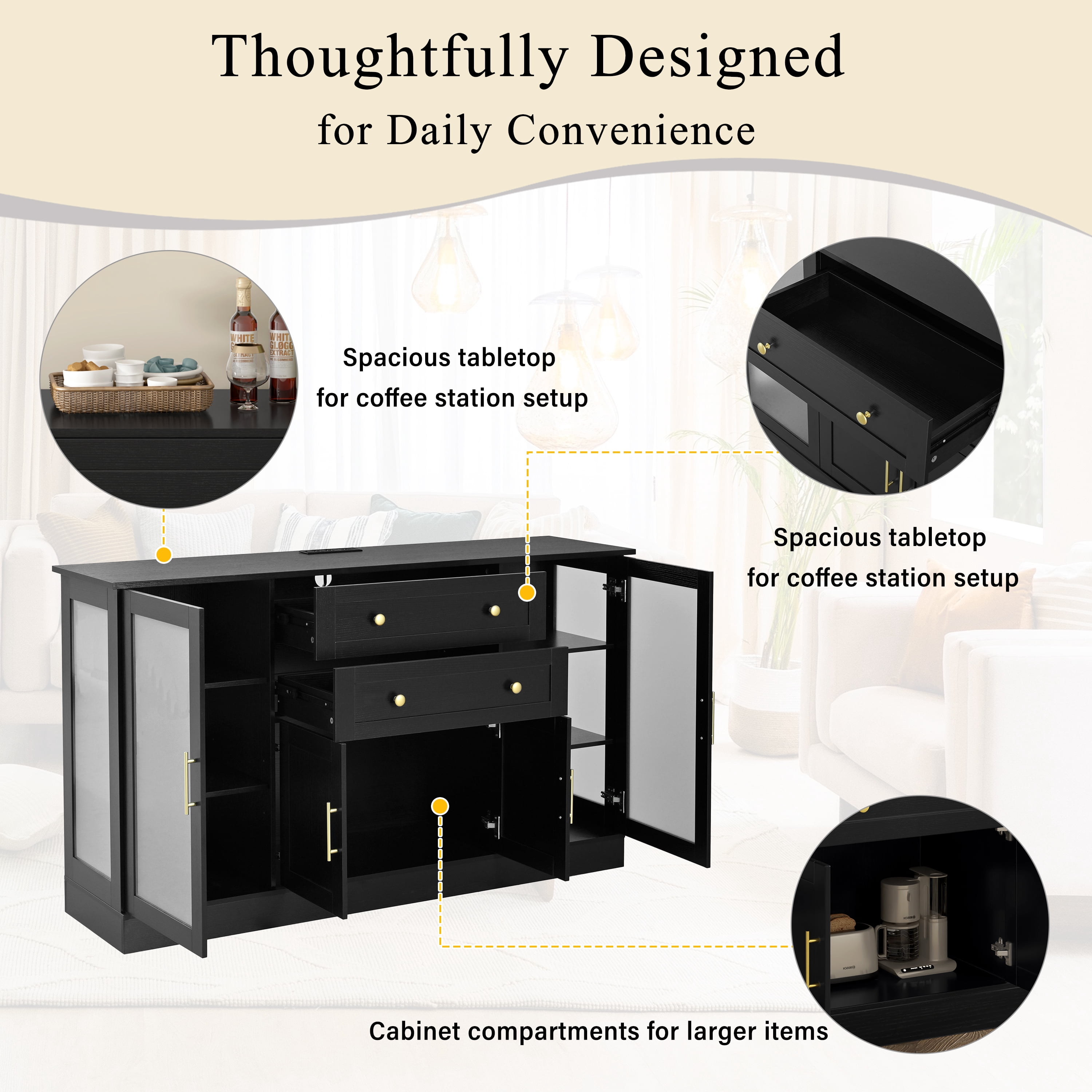 Euroco 58.3" Sideboard Buffet Cabinet with 2 Drawers, Modern Coffee Bar with Adjustable Shelves, Power Outlet & 4 Doors,Credenza Storage Cabinet for Dining Room, Living Room,Black
