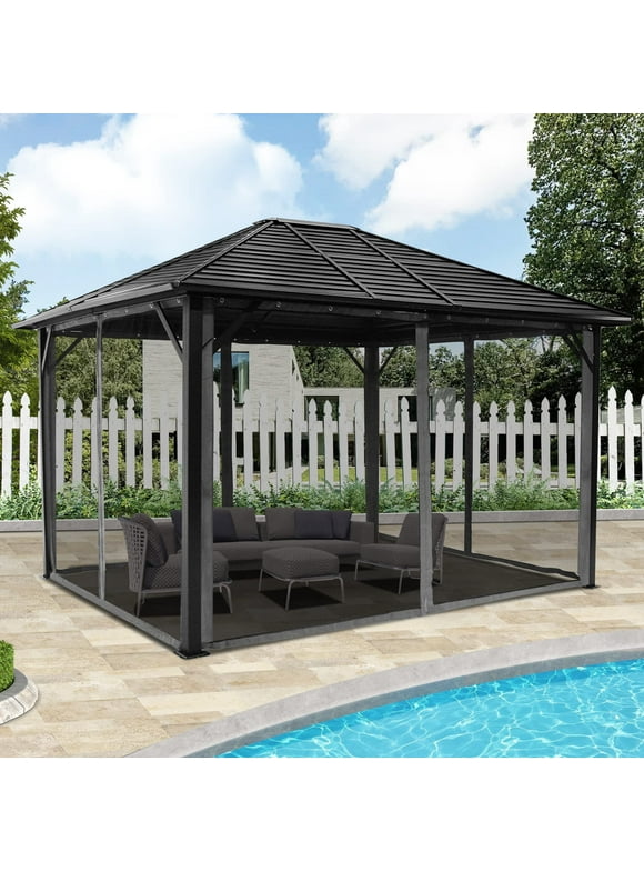 12 Ft. W X 10 Ft. D Hardtop Aluminum Patio Gazebo - Outdoor Metal Hard Top with Breathable Mesh, Best for Garden, Lawn, Outdoor Party (Black)