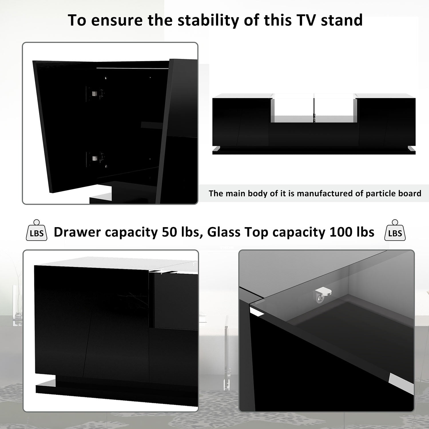 Kepooman TV Stand with Tempered Glass, TV Cabinet with Sorage and LED Color Changing Lights for Living Room, Black Kepooman TV Stand with Tempered Glass, TV Cabinet with Sorage and LED Color Changing Lights for Living Room, Black