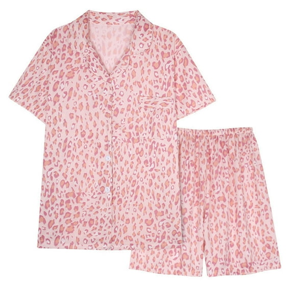 Jacenvly Womens Pajamas Soft Comfortable Cotton Pajamas for Women Button Short Sleeve Tops Loose Printing Shorts Home Clothing Pajamas Set Pink