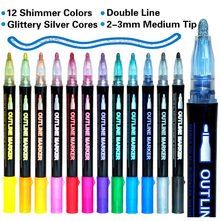 Outline Markers Super Squiggles,12 Colors Double Line Metallic Pen Set  Sparkle Self-Outline Doodle Marker Cool Magic Silver Glitter Dazzle Pen
