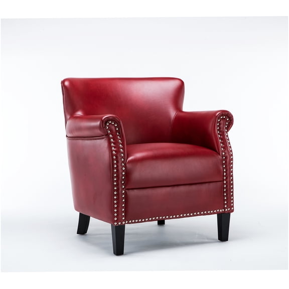 Red Faux Leather Club Chair with Nailhead Trim, Comfortable Accent Chair for Living Room