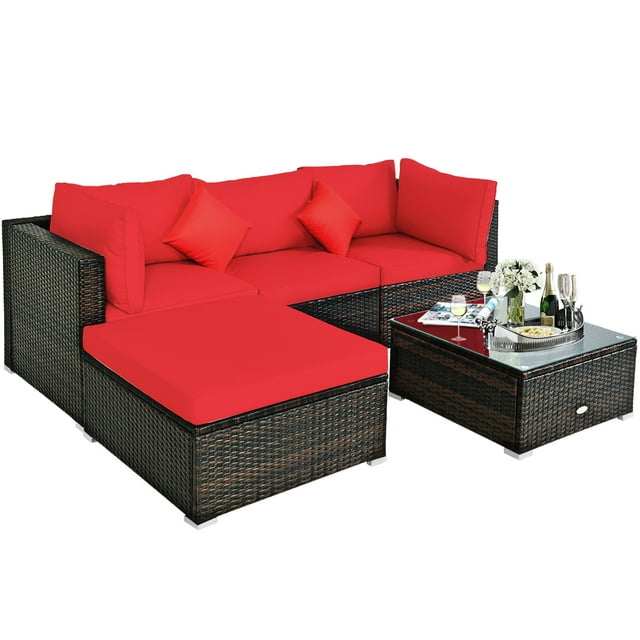 Patiojoy 4-Piece Outdoor Rattan Sectional Loveseat Couch Conversation Sofa Set with Storage Box &Coffee Table Red
