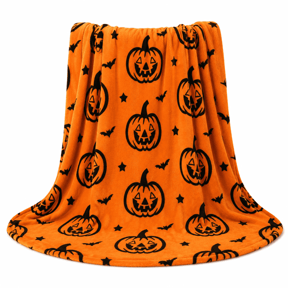 Halloween Pumpkin Bat Star Print Throw Blanket, Orange Flannel Fleece Throw Soft Lap Cover for Home Living Room Bed Chair Sofa Decor,40x30in