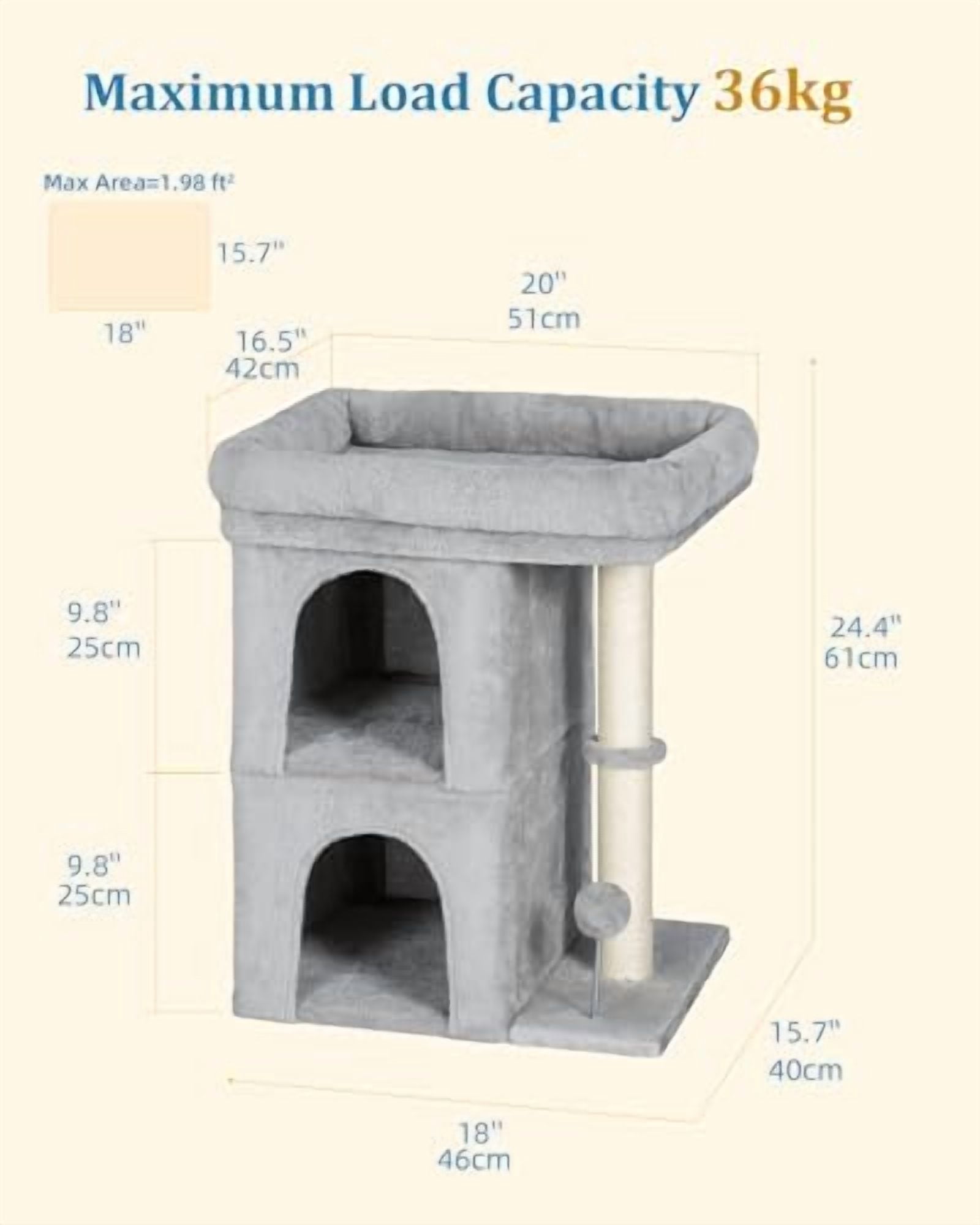 24in Cat Tree Tower with Scratching Post, 19 * 16.5in Window Perch Bed for Large Adult Cats, 2 Small Condo Cubbies for Indoor Kittens, Light Gray
