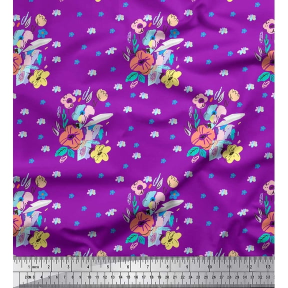 Soimoi Purple Cotton Duck Fabric Artistic Floral Print Fabric by the Yard 42 Inch Wide