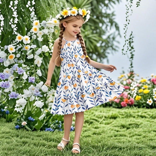 LOVZFMLL Robe d'Été Sans Manches à Bretelles Boho pour Fillettes, 4-14 Ans