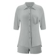 thumbnail image 4 of mihongmao 2 Piece Lounge Set Women Airport Travel Outfit Women's Summer Two Piece Neck Long Sleeve Shirt High Waist Drawstring Large Shorts Casual Set Gray XL, 4 of 5
