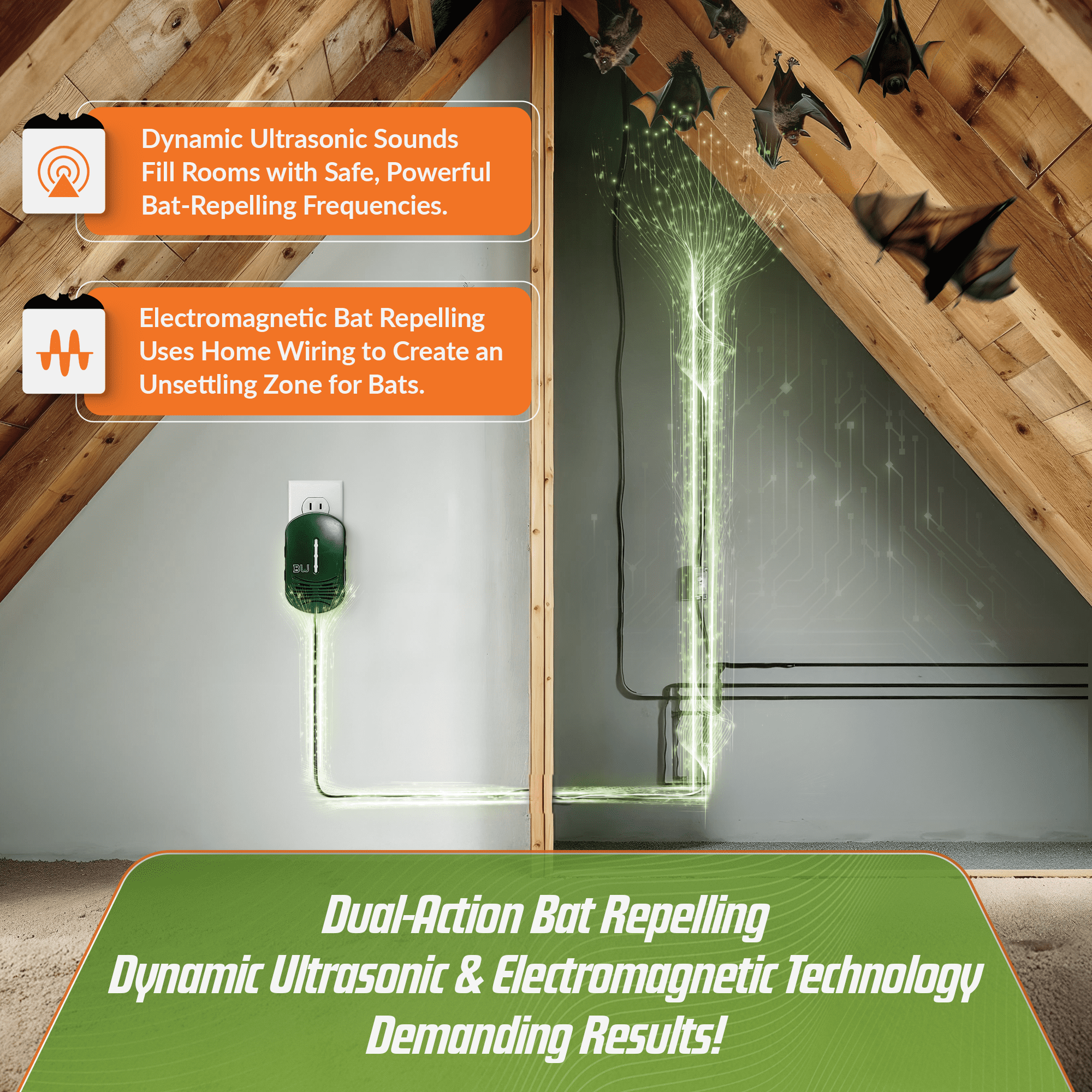 BEU-G Bat Expulsion Unit with Dynamic Ultrasonic Bat Repellent Technology (Forest Green Edition)