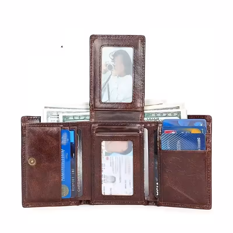 thumbnail image 2 of Cartera de cuero café Retro para hombres, caja fuerte ultrafina, múltiples ranuras para tarjetas, piel de vaca de primera capa, regalo, 2 of 8