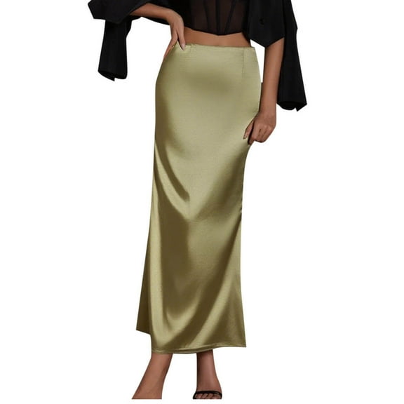 Womens Fishtail Satin Skirts Dressy Casual Elegant Bodycon Pencil Silk Long Skirts Party Work Business Outfits Green, M