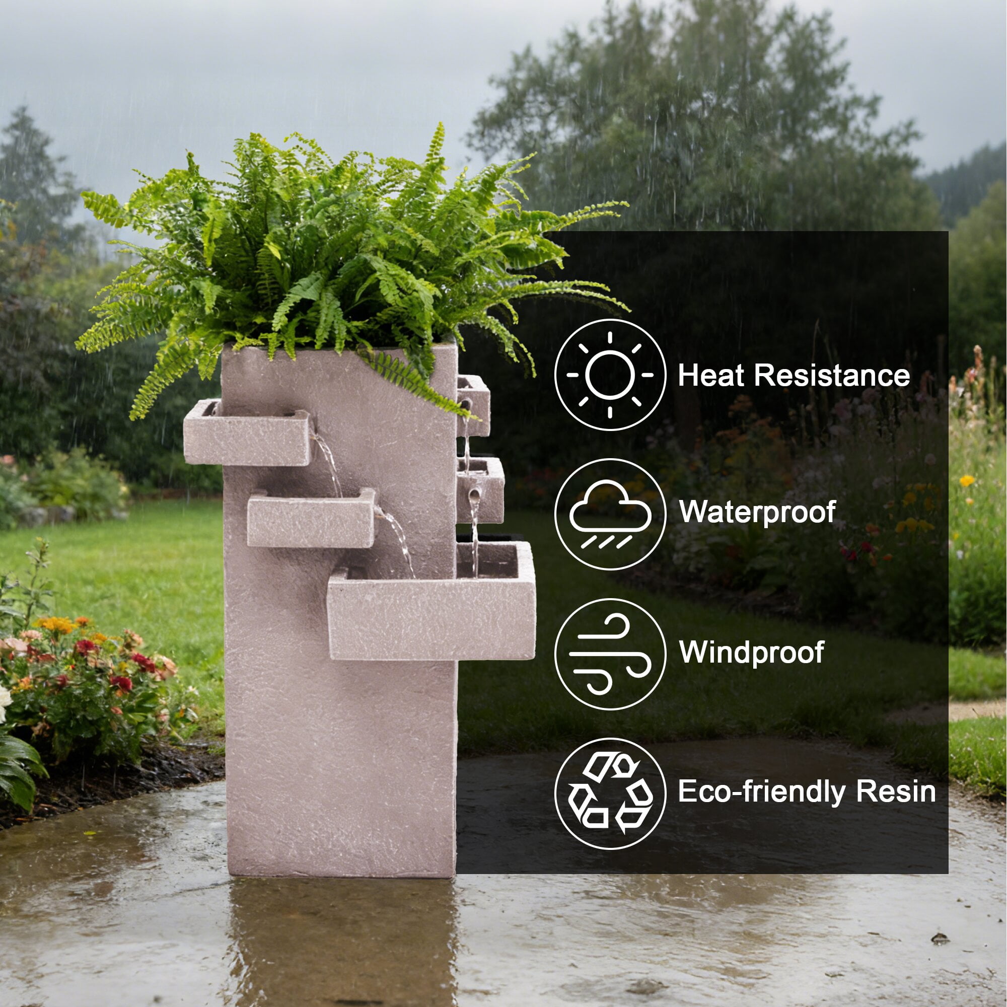 Kaluomm Outdoor Water Fountain 28" Modern Square, Textured Resin Cascading Waterfall for Garden Yard Patio, Beige