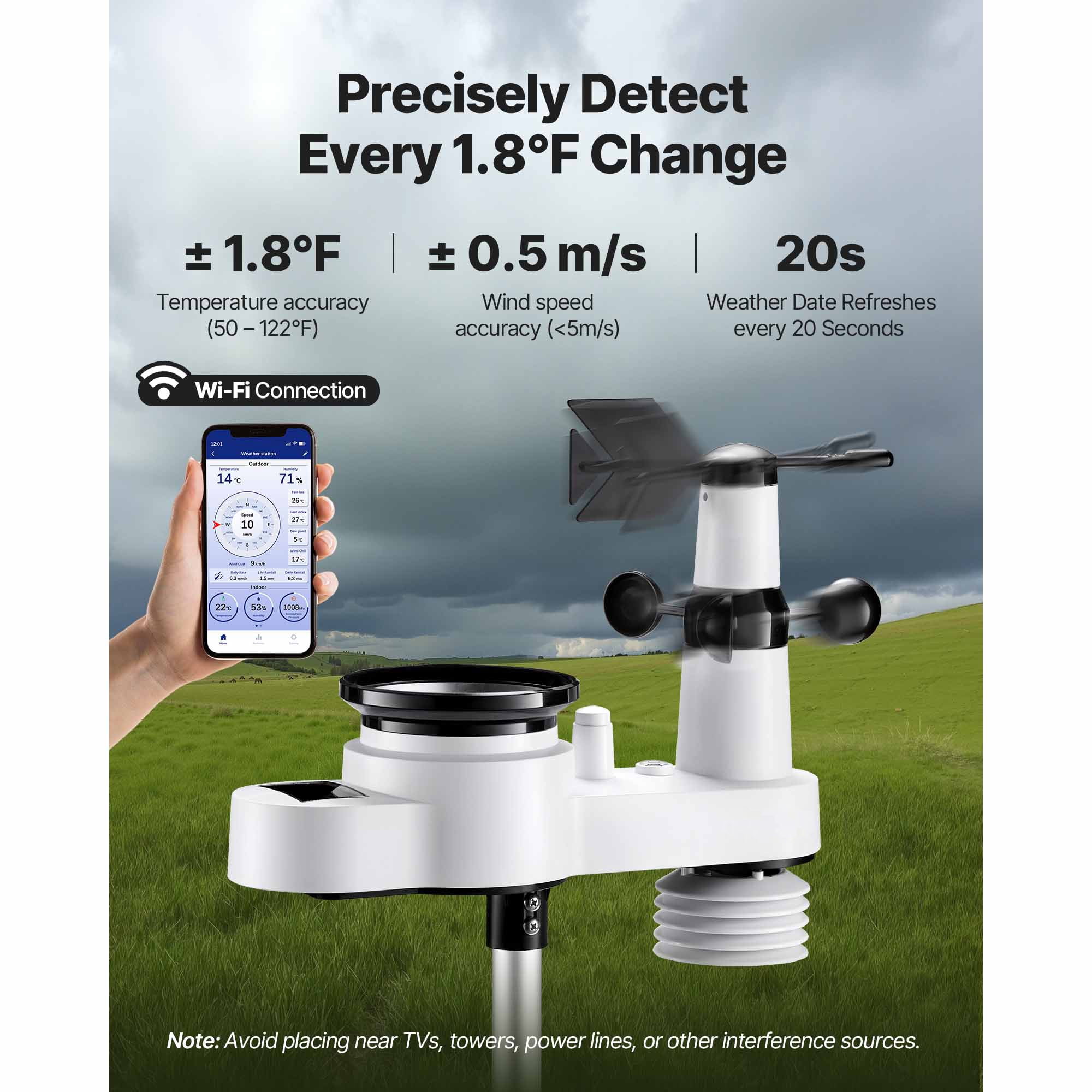 KFFKFF 5-in-1 Wi-Fi Weather Station with 7.5-Inch VA Display, Solar-Powered Wireless Outdoor Sensor, Rain Gauge, and Indoor/Outdoor Monitoring for Weather Forecasting, Wind, Temperature, Humidity