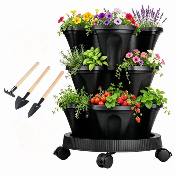 DUNCHATY 3-Tier Vertical Planter, Mobile Raised Garden Bed with Wheels & 3 Tools, Compact Herb Tower for Indoor Patio (Black)