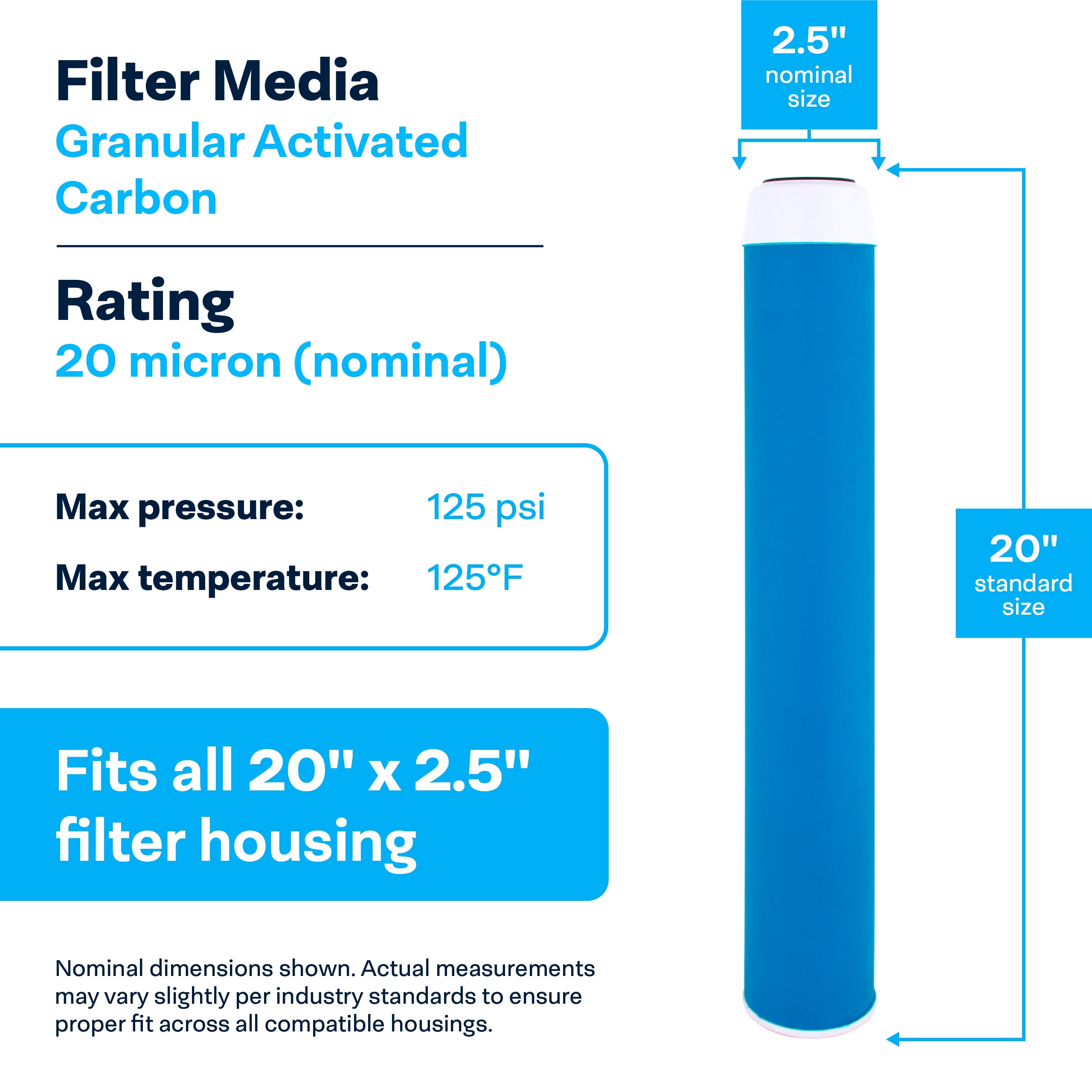 SpiroPure SP-GAC-20 20x2.5 20 Micron Coconut Shell Granular Activated Carbon (GAC) Water Filter Cartridge GAC-20 155111-43 (Case of 6)