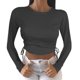 thumbnail image 1 of Gibobby Camisa&nbsp;Vaquera Camiseta umbilical corta de manga larga con cuello redondo y cordón Camiseta de mujer de color sólido a la moda（Negro， L), 1 of 3