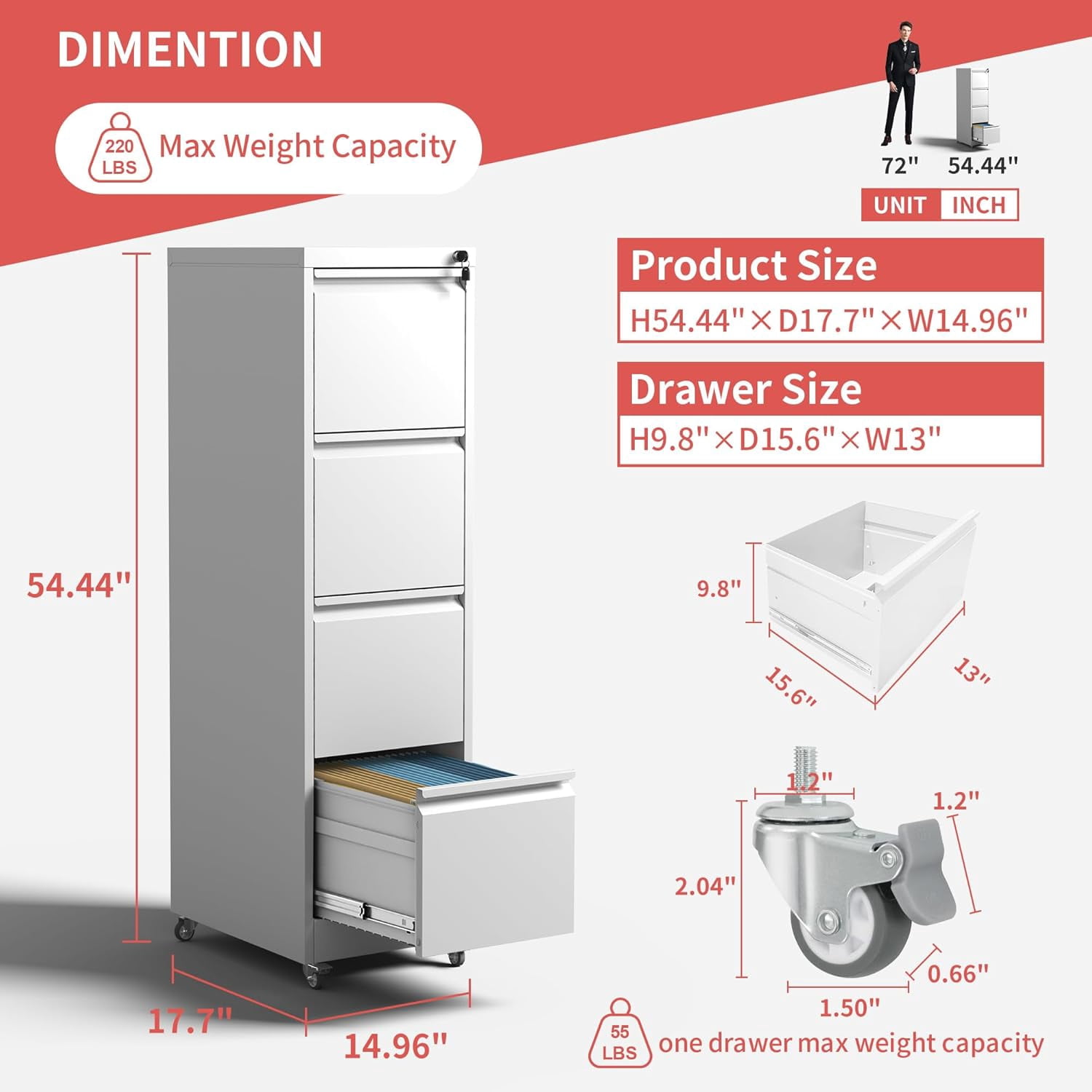 IKIMI 4-Drawer Vertical File Cabinets with Lock, Portable Rolling Metal Filing Cabinet for Legal/Letter/A4 Files, White