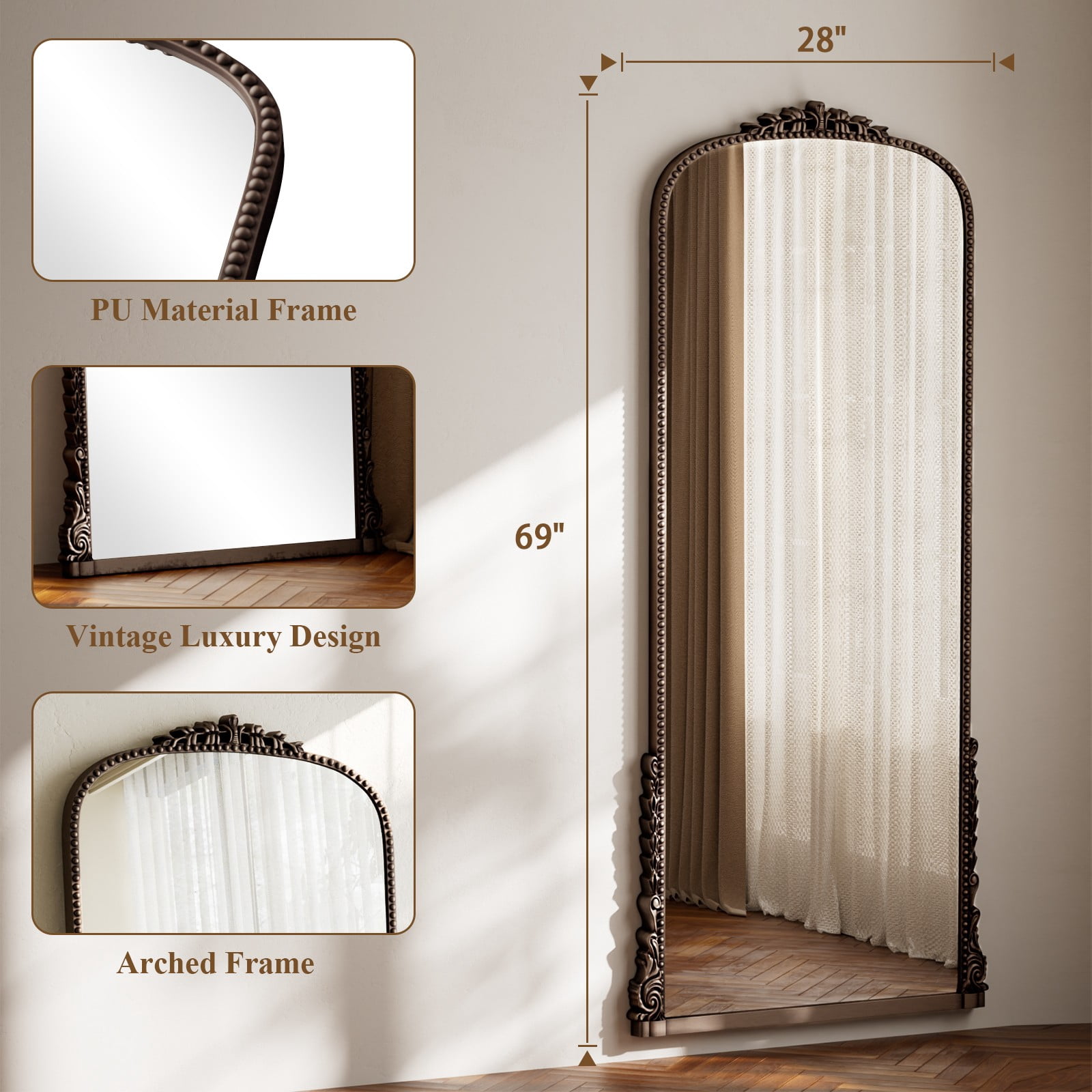 SHATTERVIEW 69"x28" Arched Full Length Mirror Vintage Floor Mirror with Stand Wall-Mounted Mirror, Antique Bronze