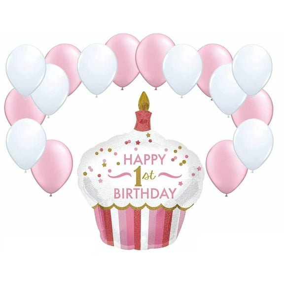 DalvayDelights Girl Cupcake Happy 1st Birthday Pink Gold White 17 Piece Balloon Set Mylar Latex Balloons