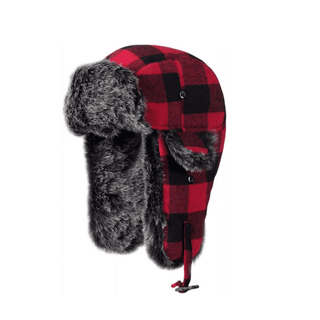 Red Buffalo Plaid Aviator Fur Trapper Hat with Ear Flaps