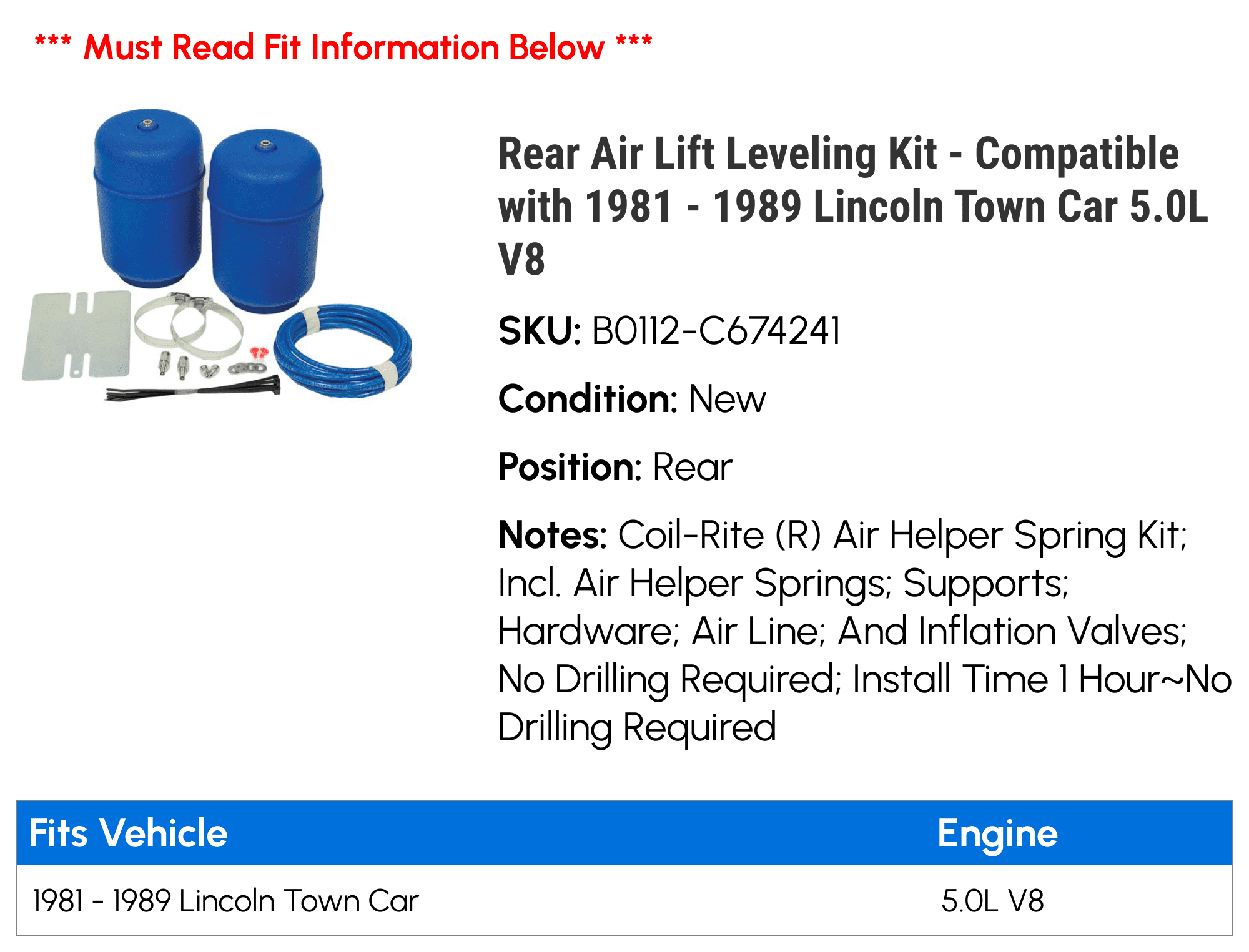Rear Air Lift Leveling Kit - Compatible with 1981 - 1989 Lincoln Town Car 5.0L V8 1982 1983 1984 1985 1986 1987 1988