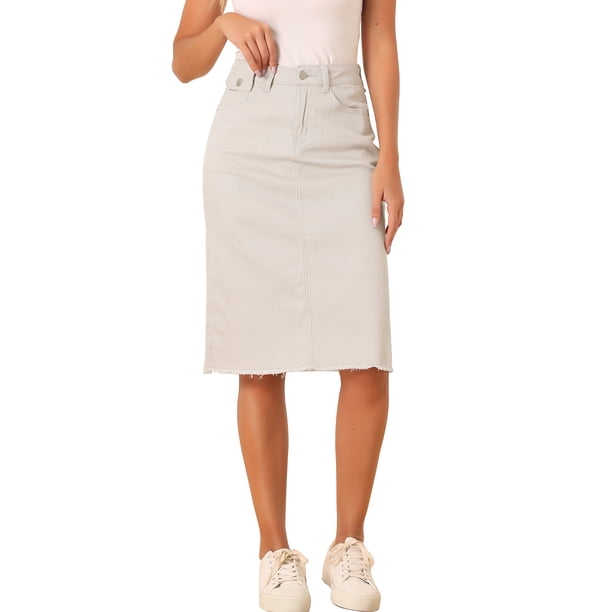 Faldas de mezclilla de cintura alta para mujer INSPIRE CHIC, con dobladillo sin terminar, a la altura de la rodilla, color blanco ostra, talla M