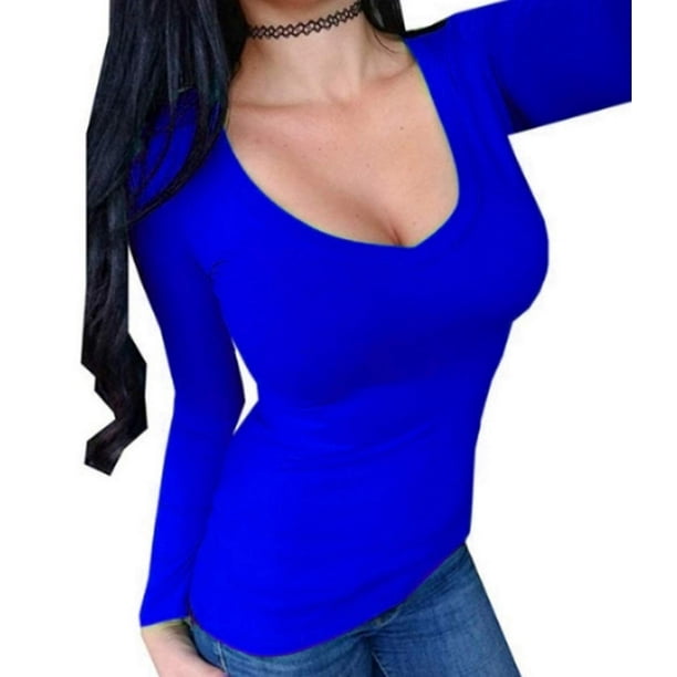 Kaylee Xo Womens Long Sleeve V Neck Low Cut Sexy Solid Stretchy Shirt