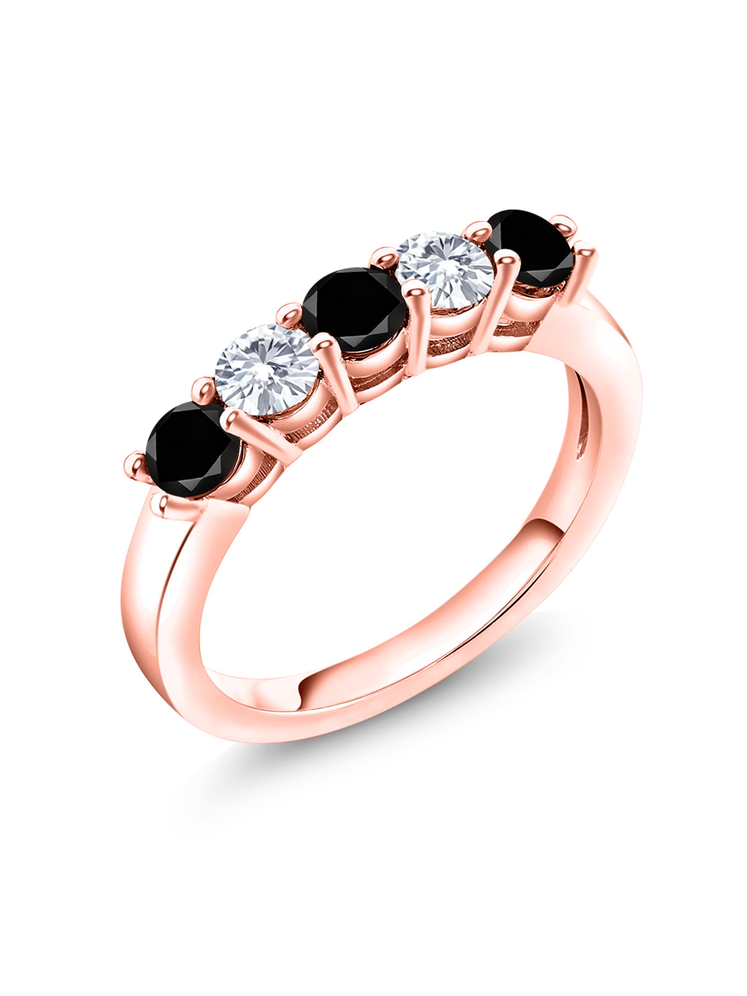 Gem Stone King 18K Rose Gold Plated Silver 3-Stone Wedding Jewelry Bridal Ring Round Pink Created Moissanite and Garnet Red 1.24cttw