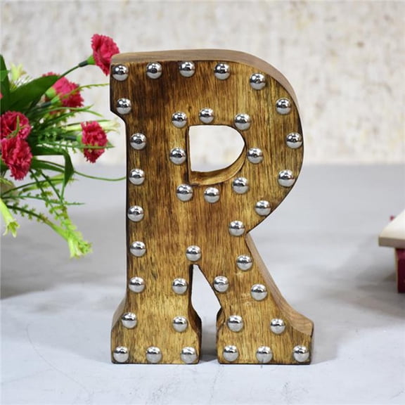 BBH Homes UBBBMH6296SCRHS R Alphabet Handmade Letter Block Eco-Friendly Wall Decor, Natural with Metal Ribbets