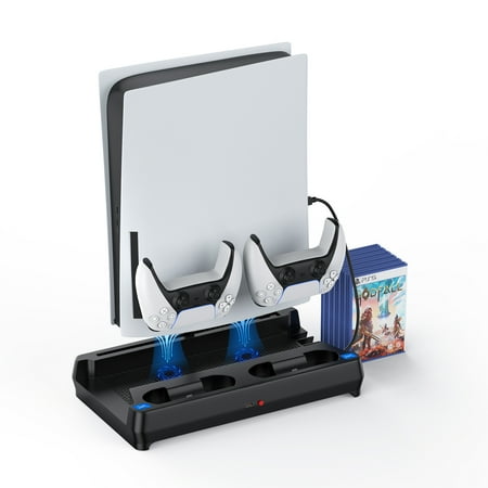 Vertical Stand with Cooling Fan for PS5 Console and PS5 Digital Edition, PS5 Dualsense Charging Station, Charging Station Dock with Dual Controller Charger Ports and Retractable Game Storage for PS5
