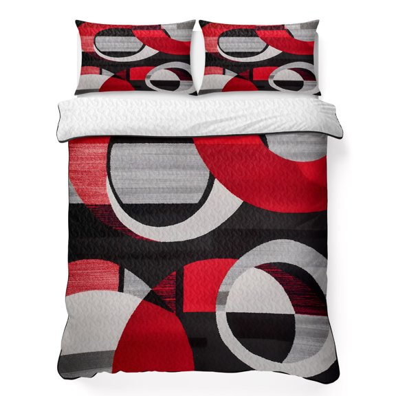 Abstract Black Red 3 Piece Quilt Bedding Set with 2 Pillow Shams, Abstract Wave Lightweight Bedspread Coverlet, Soft Breathable All Season Quilt, 68 x 86 Inch