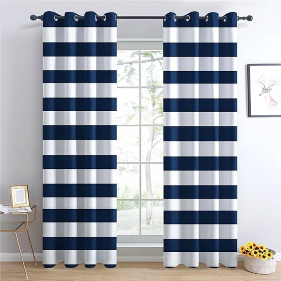Navy Blue And White Striped Blackout Curtains For Living Room Bedroom, Thermal Insulated Room Darkening Grommet Drapes, Nautical Stripe Window Curtains 26"W x 63"L (Pack of 2)