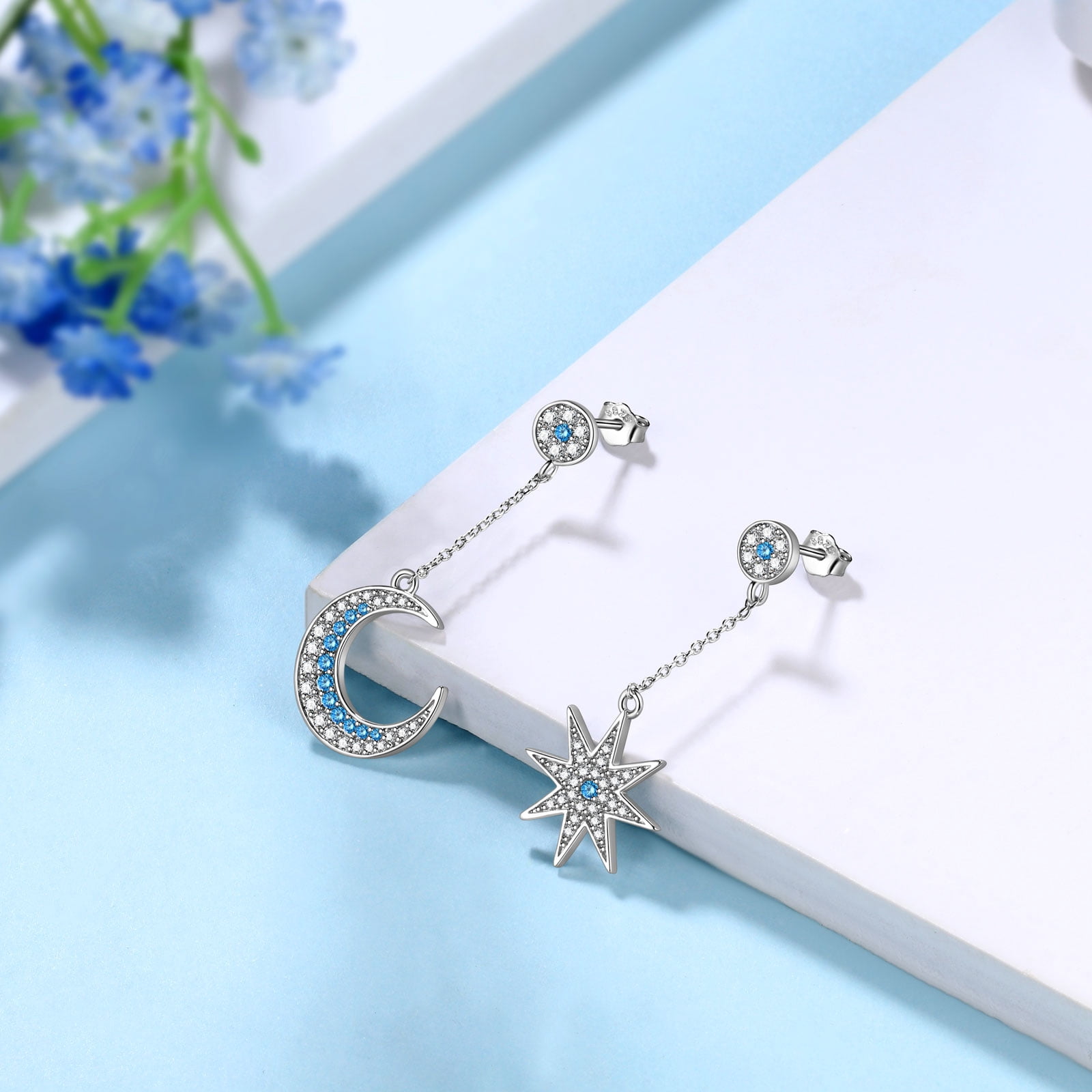 Juwaliy 925 Sterling Silver Asymmetric Moon Star Dangle Drop Earrings Dangle Blue Crystal Jewelry Christmas Valentine's Day Gift for Women Mother Wife