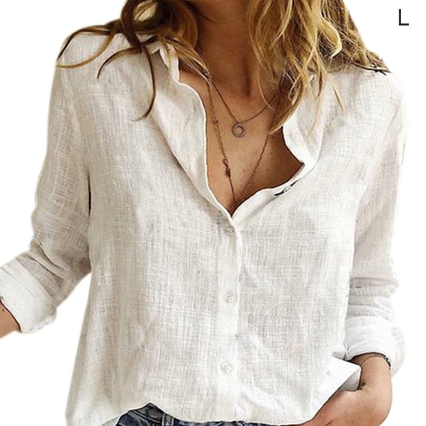 Camisa De Mujer Blusa Casual De Manga Larga Con Botones En La Parte Superior De Color Sólido, Blanco, L kenally AP001983-03