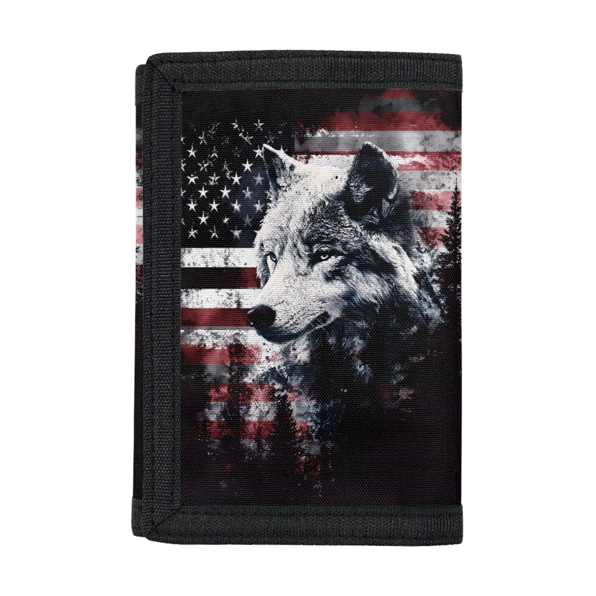 Psesaysky Wolf American Flag Theme Children s Wallet for Outdoor Polyester Card Holder Organizer with Dustproof Portable Trifold Card Wallet