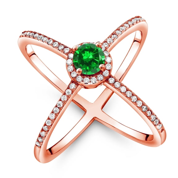 Gem Stone King 1.66 Ct Round Green Created Emerald 18K Rose Gold Plated Silver Criss Cross X Ring (Size 5)