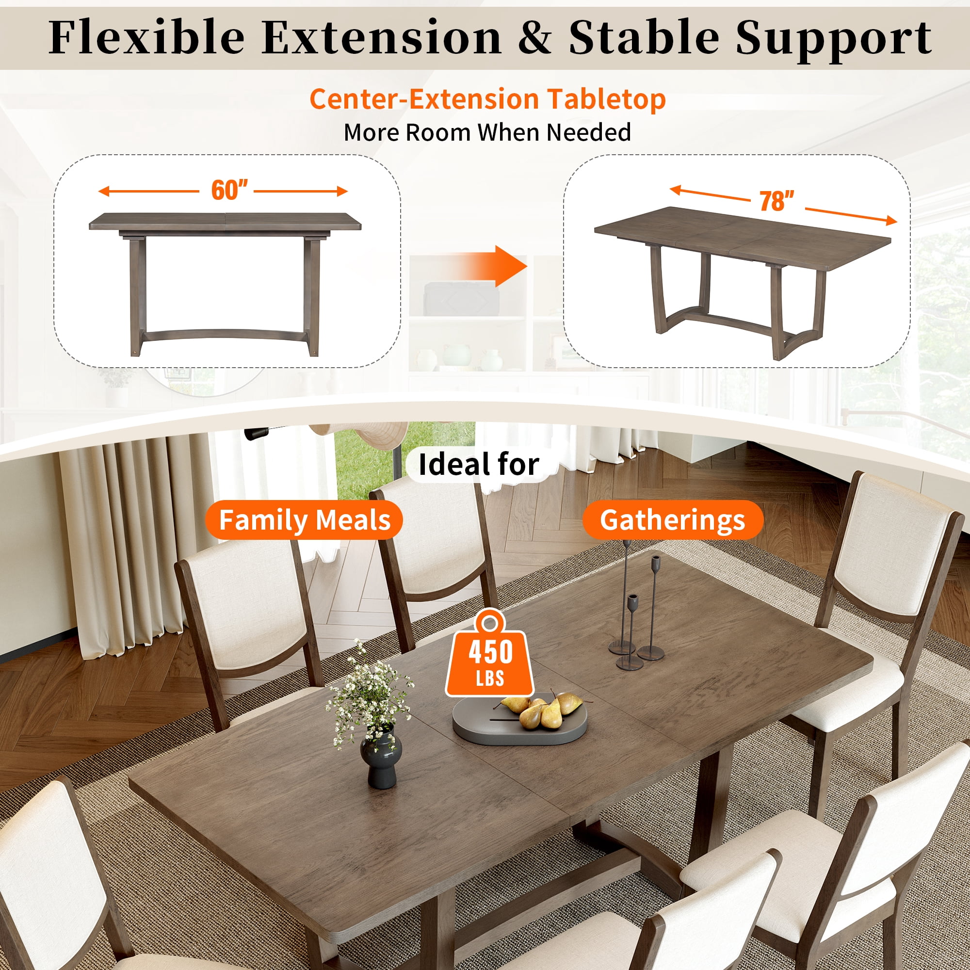 7-Piece Dining Table Set for 6, 60"-78" Rectangular Extendable Table with 6 Upholstered Chairs