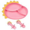 Babys First Dinner Plate Set | Baby to Toddler Silicone Divided Suction Plate and Utensils Set | BPA Free Microwave and Dishwasher Safe  Dinosaur, Pink