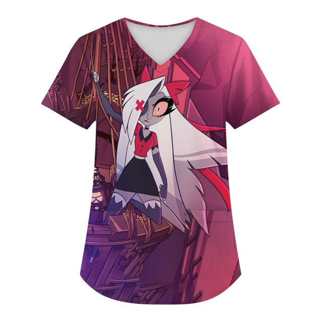 Hazbin Hotel Más Tamaño Impreso Scrub Uniforme de Trabajo Tops Para las mujeres V-cuello de Navidad Imprimir manga corta Diversión Camisetas Ropa de trabajo Camiseta con bolsillos Morado/M