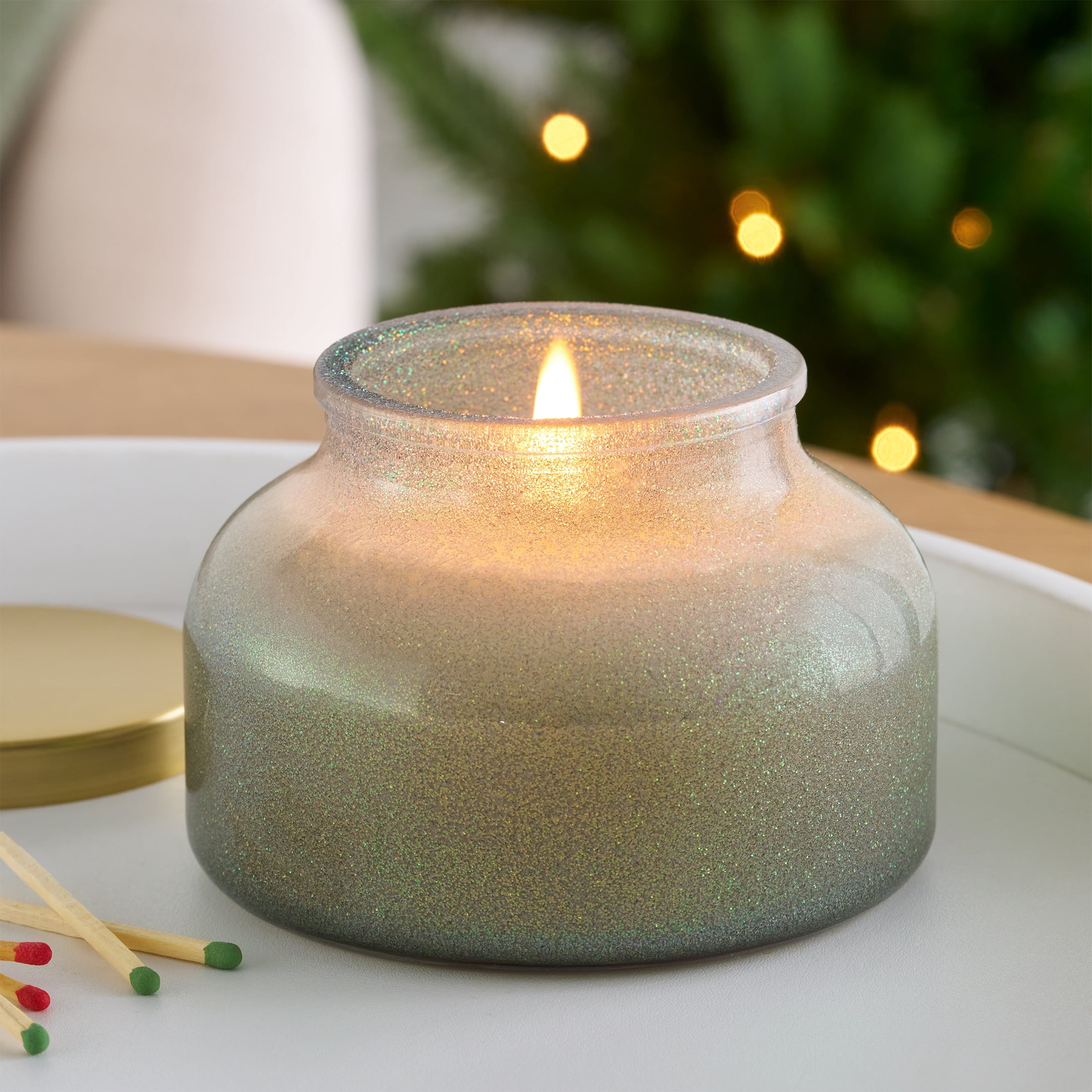 Better Homes & Gardens 1-Wick Holiday Scented Glitter Jar Candle, Pistachio Snow, 12oz.