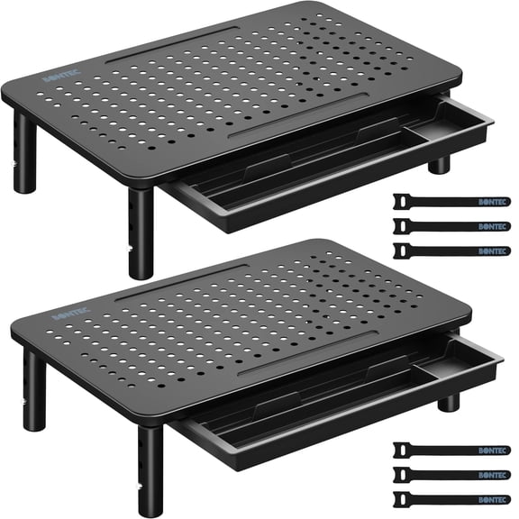 BONTEC 2PCS Monitor Stand Riser 3 Height Adjustable with with Drawer, Pen Holder, Cable Management and Mesh Platform for Laptop, Computer, Printer (Black, 2 Pack )