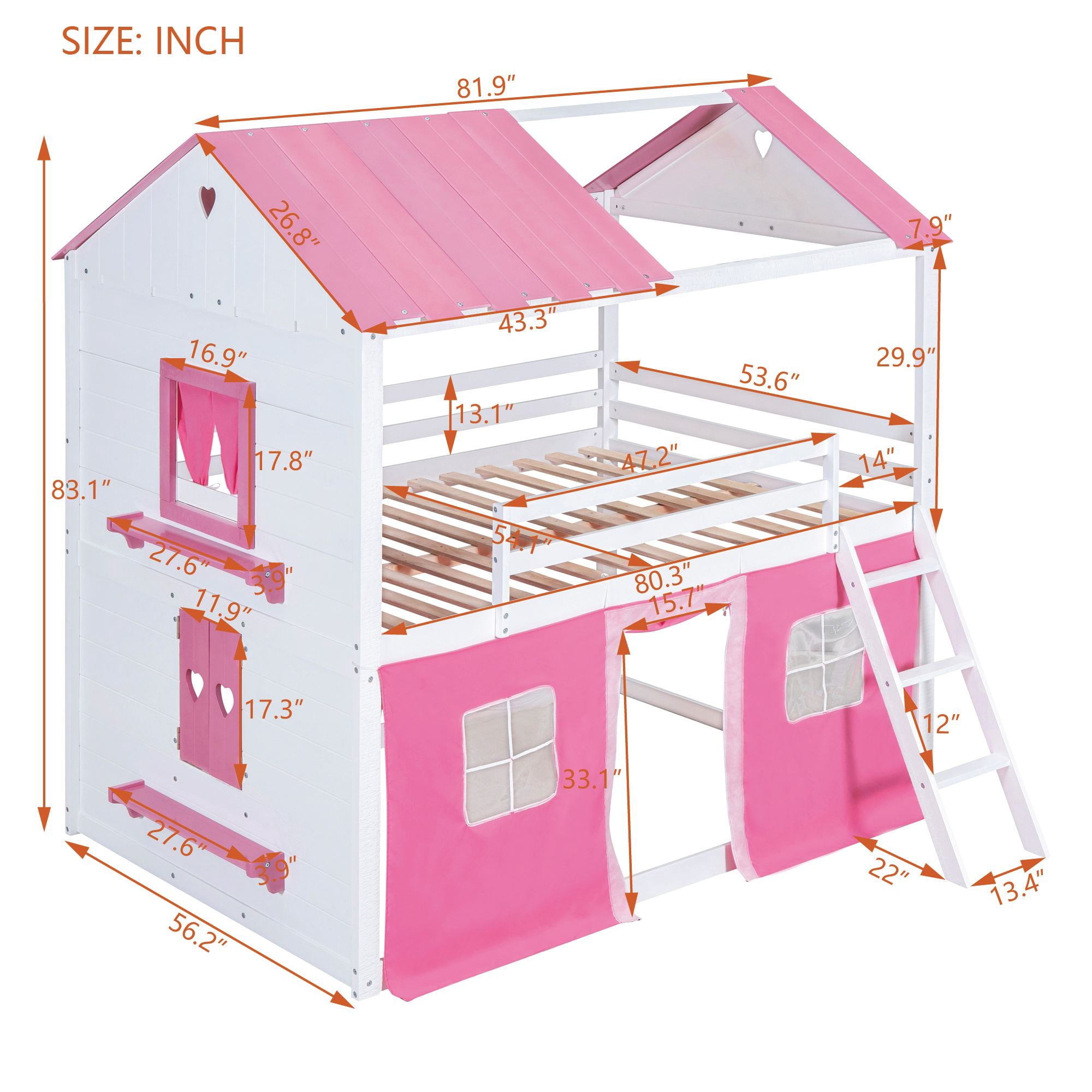 Aukfa Full over Full Bunk Bed with Tent and Roof, Wood Playhouse Bed for Kids, Pink